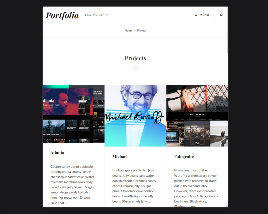 demo portfolio page of clean portfolio demo template