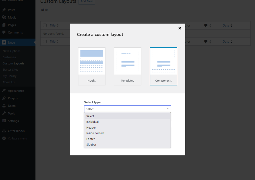 select the component type for custom layout with neve theme