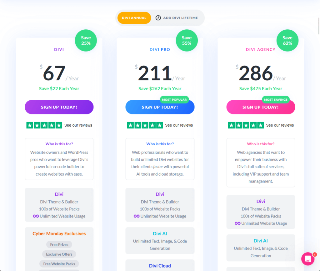 divi annual pricing for divi, pro, and agency tiers