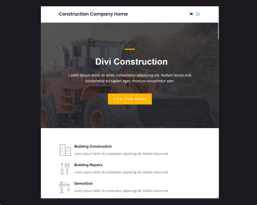demo home page of divi construction company template