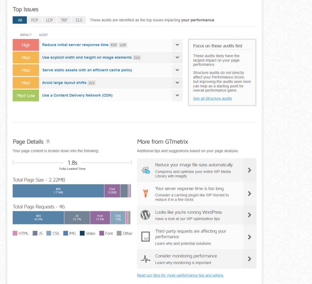 top issues and page details for divi theme using gtmetrix