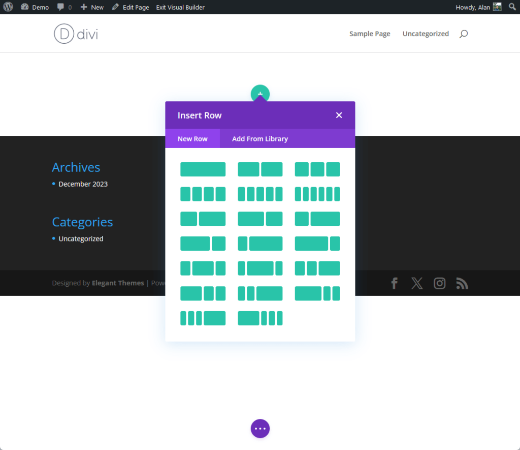 insert a new row when creating a new page with divi