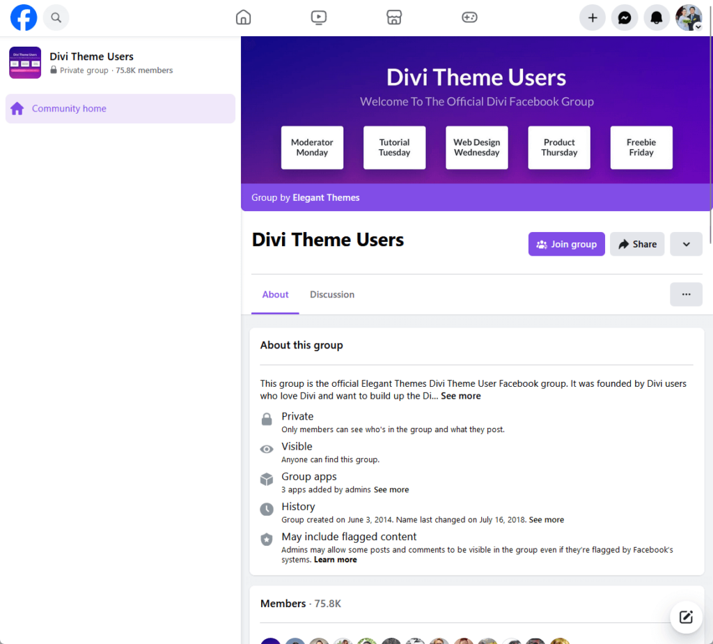 divi theme users facebook group by elegant themes