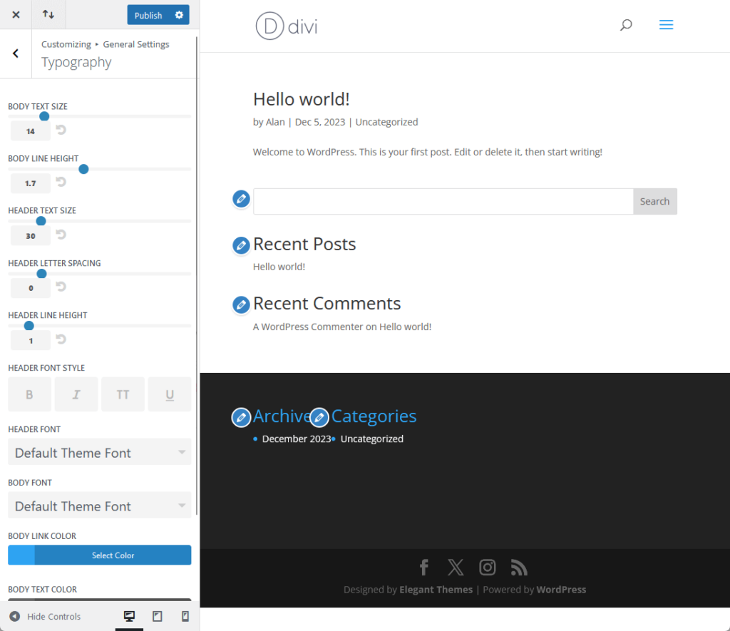 typography settings under general settings for the divi theme