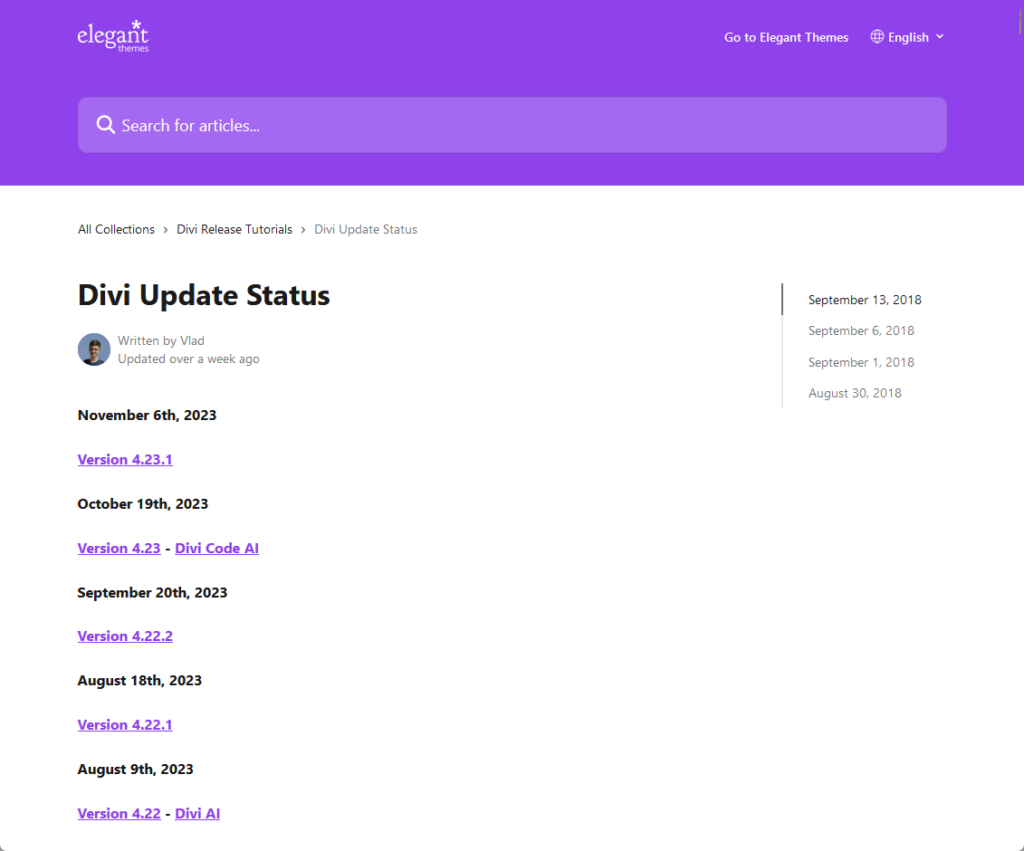 divi update status or changelog