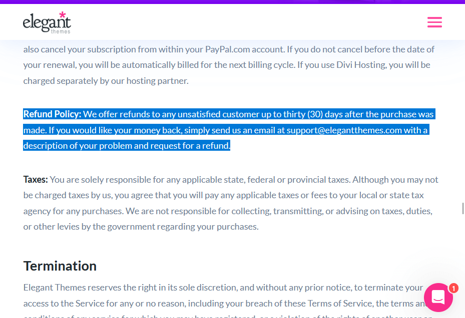 the refund policy of elegant themes for up to 30 days