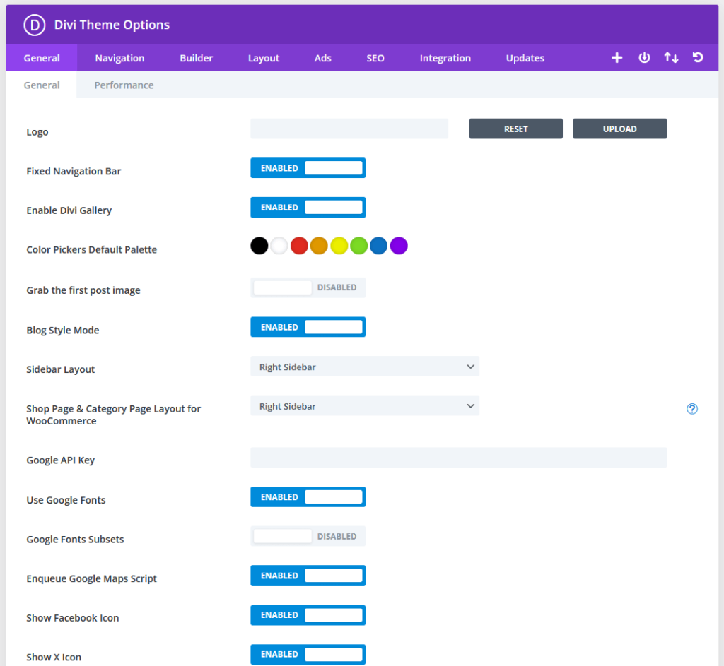 general divi theme options in the theme settings