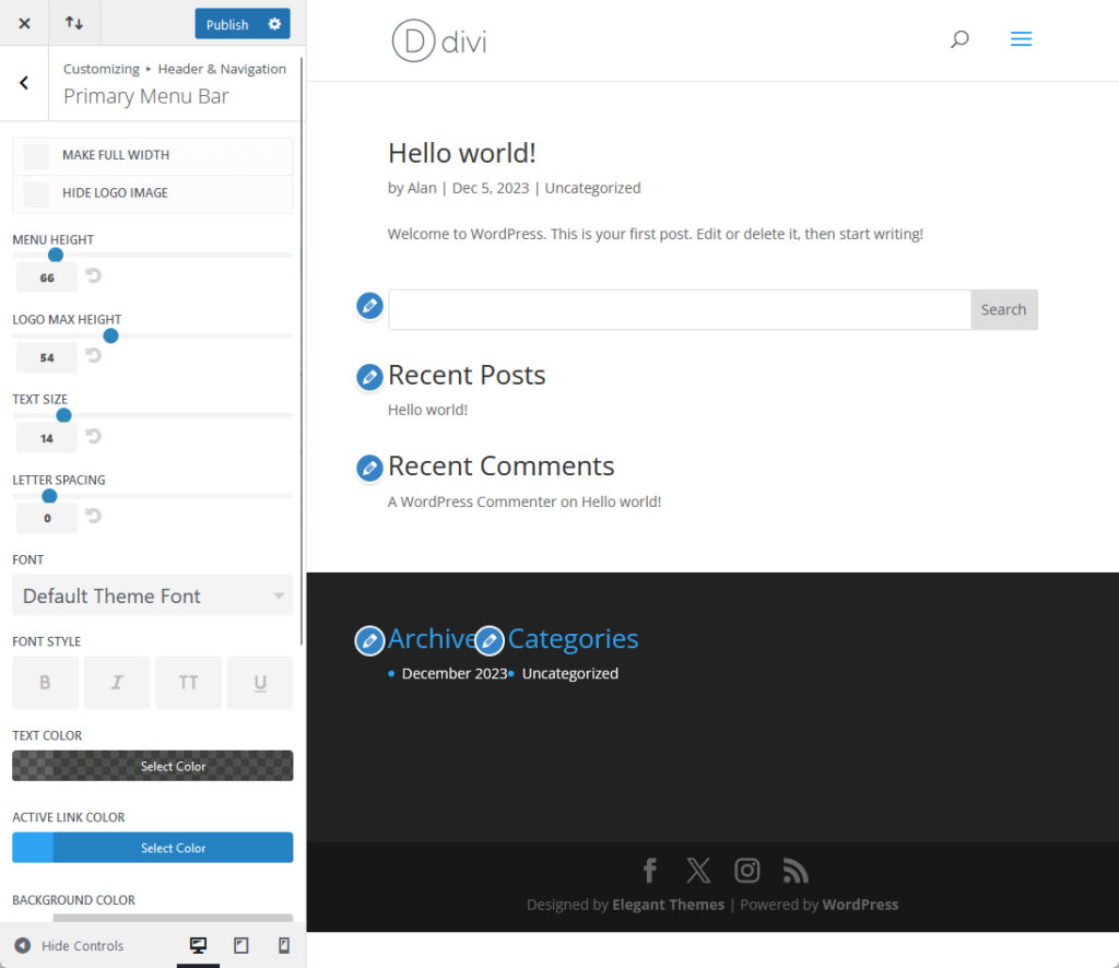 customizing the header and navigation in the customizer
