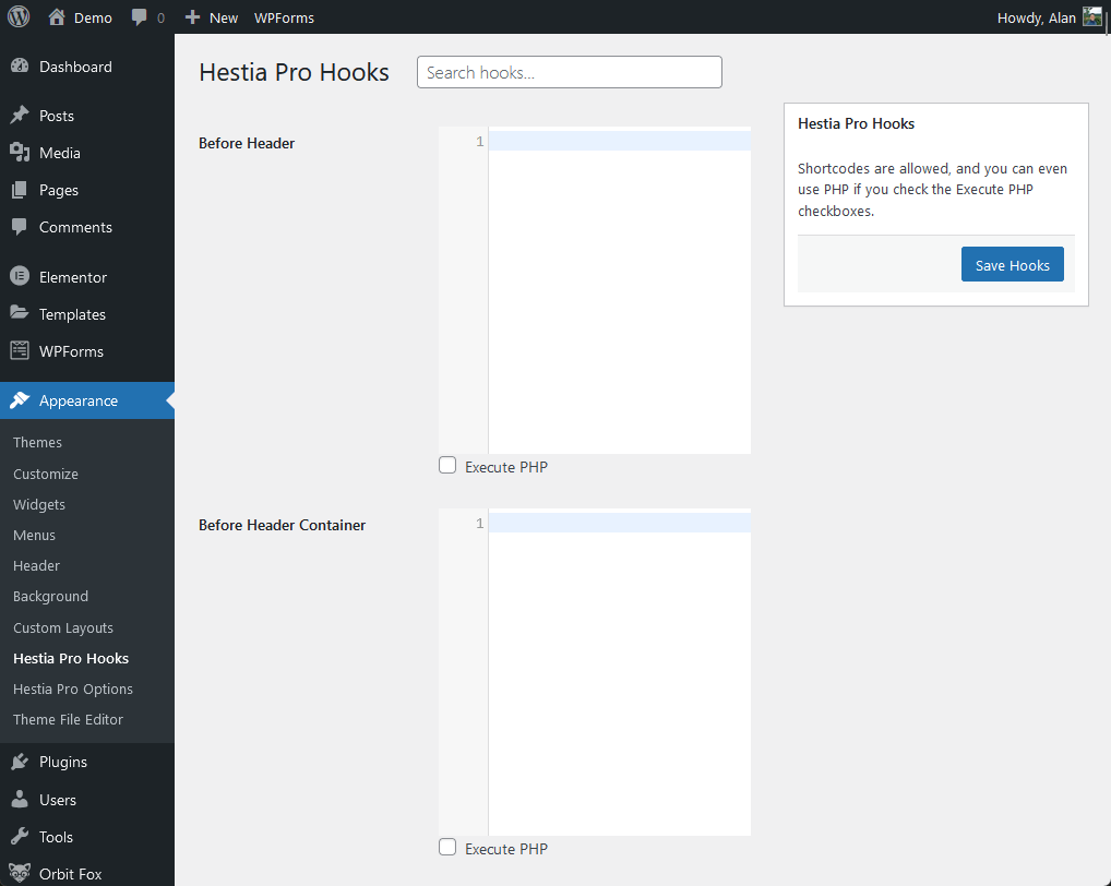 hestia pro hooks before header and before header container