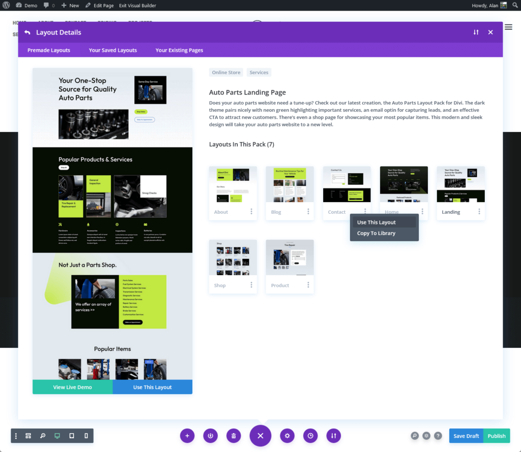 use the home layout from auto parts landing page