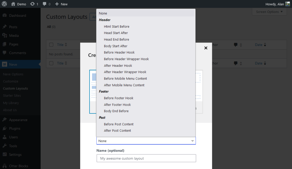 select the hook type for custom layout with neve theme