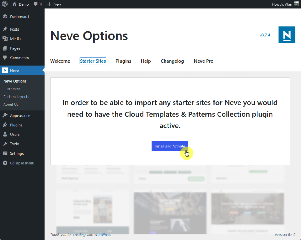 To be able to import any starter sites for Neve you would need to have the Cloud Templates & Patterns Collection plugin active