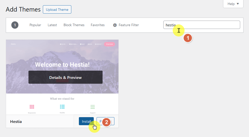 find and install the hestia theme from the repository