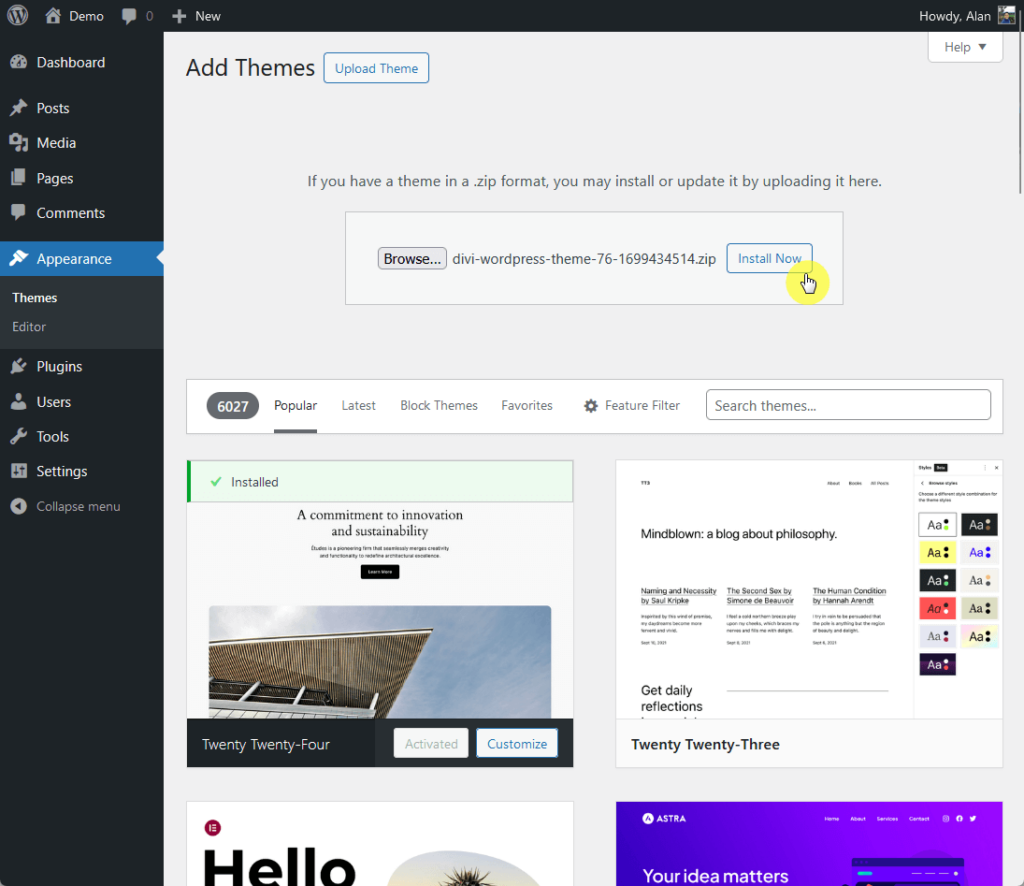 browse for the divi theme and install now