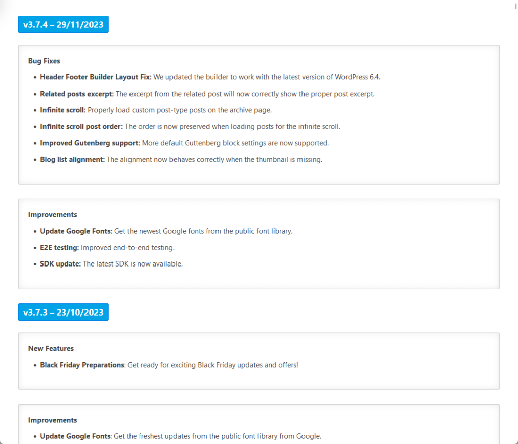 neve updates a changelog for all the updates and new features added