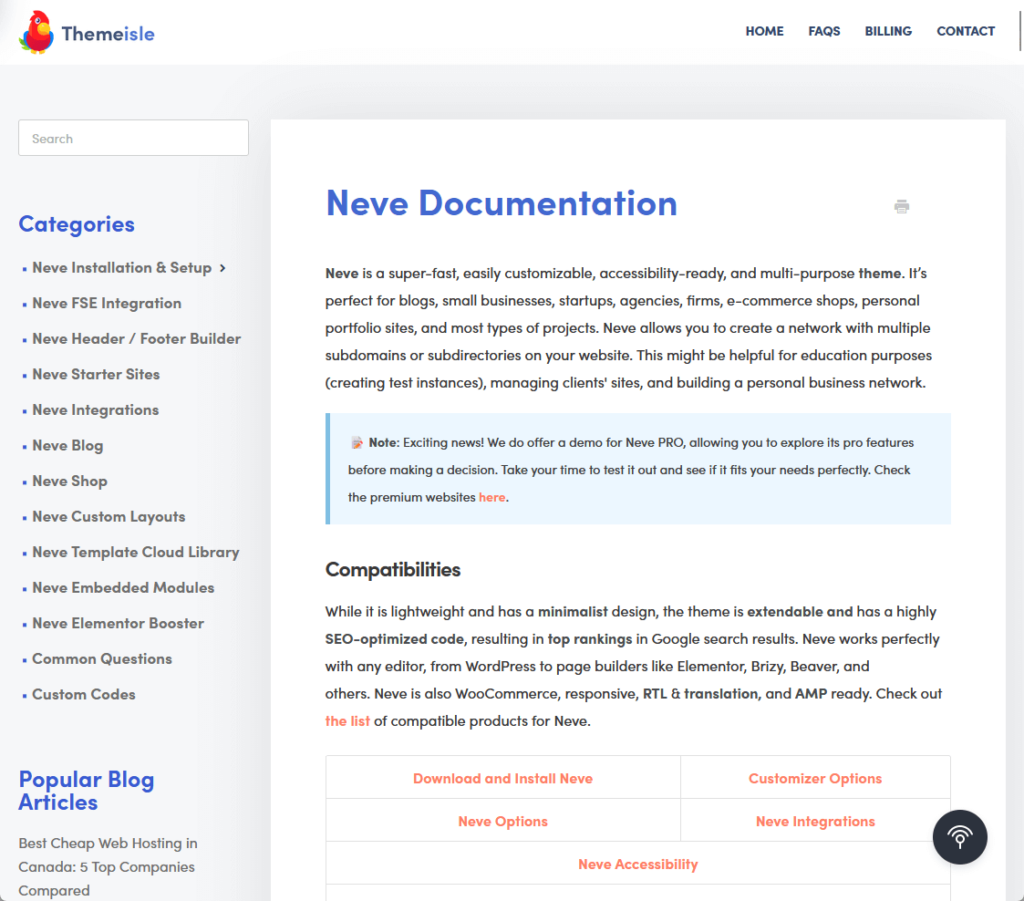 the home page of the neve documentation knowledge base
