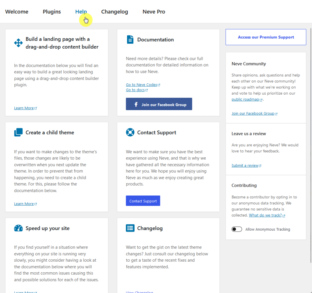 go to the help page under the neve options to see the options