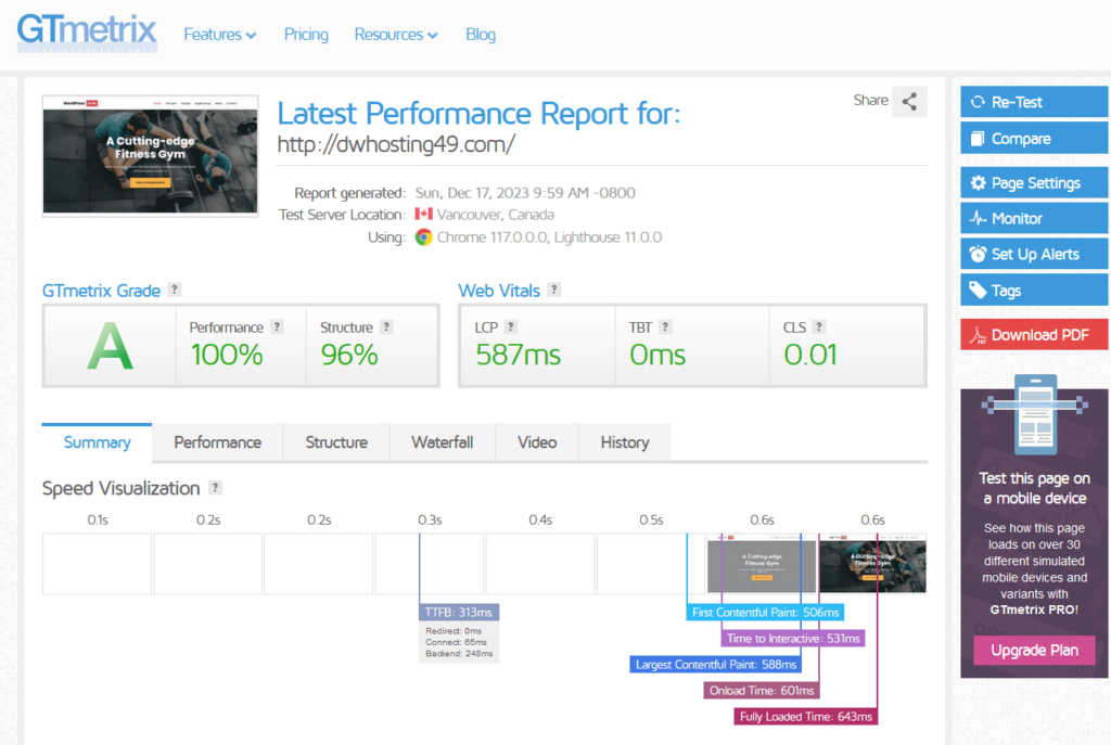 neve fitness starter site still scored an “A” grade in gtmetrix