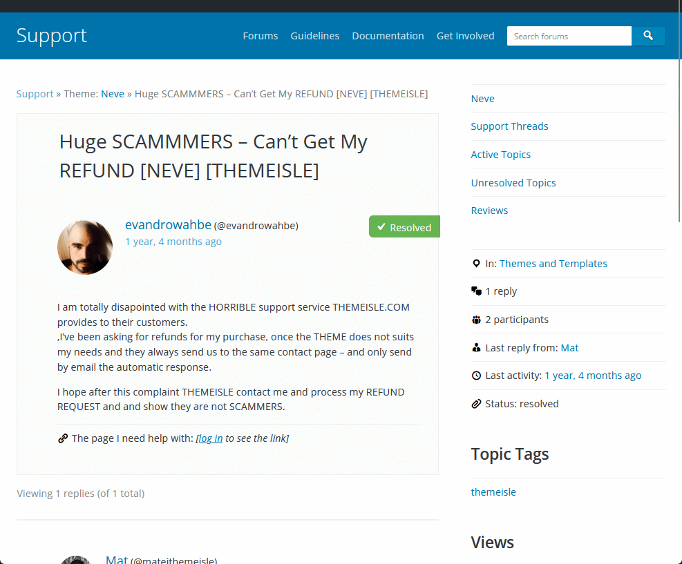 a user ranted on the wordpress forum about neve’s refund