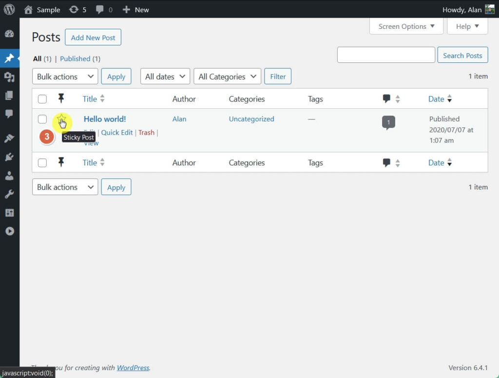 click the star button that represents the sticky posts plugin