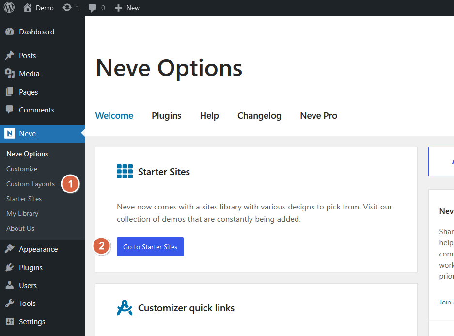 locations where you can view all of neve’s starter templates
