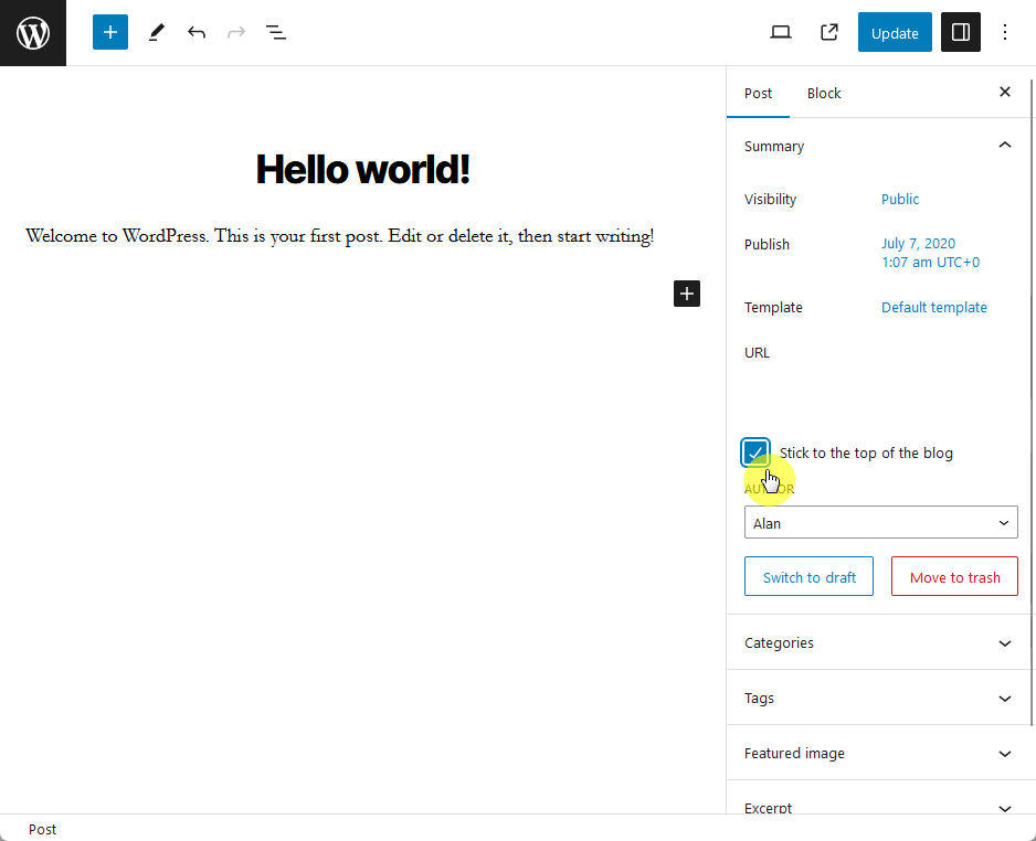 stick to the top of the blog checkbox