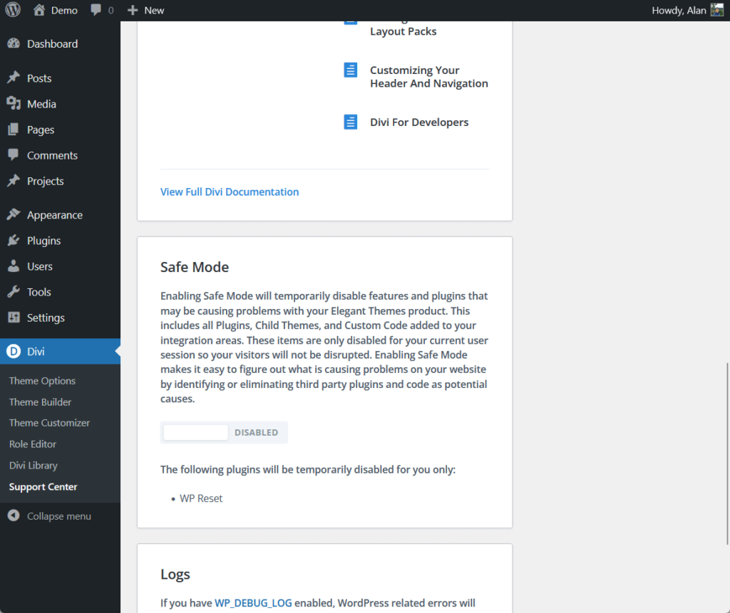 support center items in the divi theme options