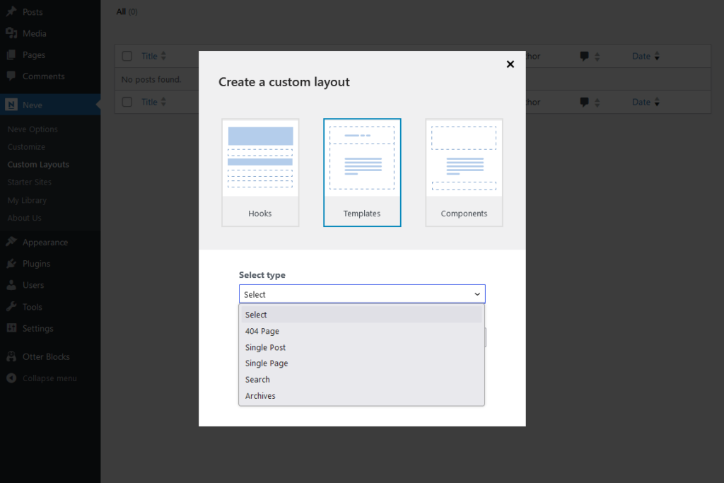 select the template type for custom layout with neve theme