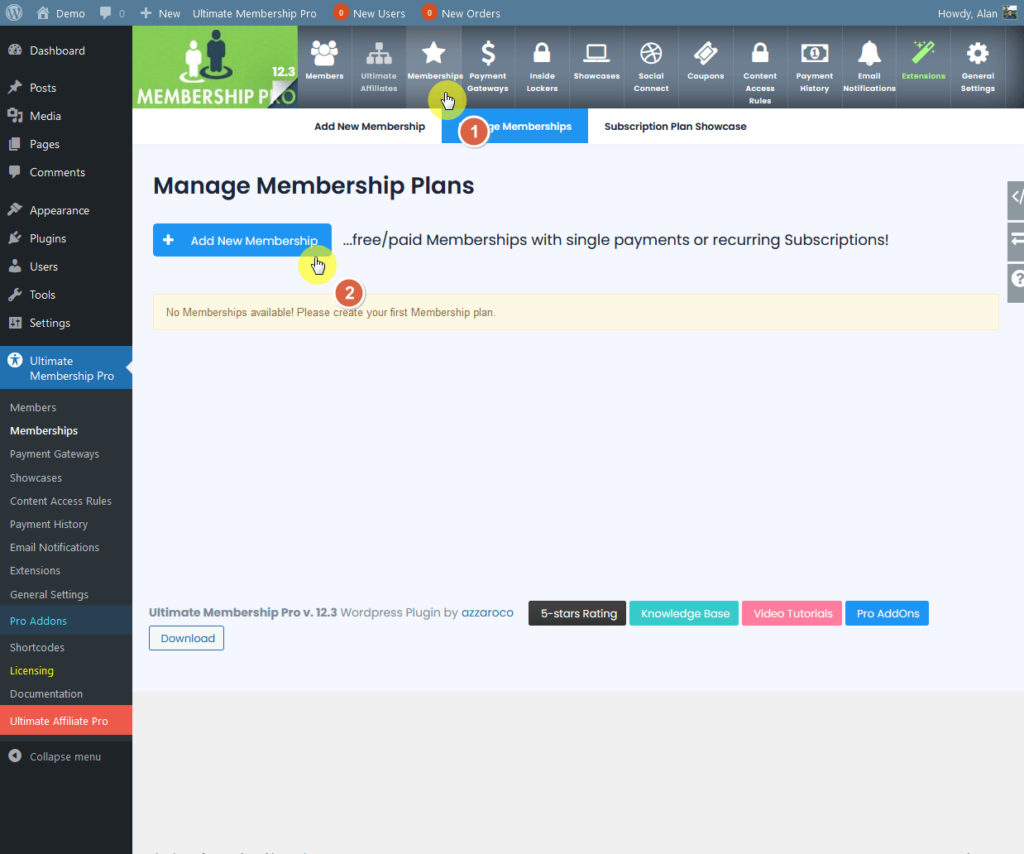 add a new free/paid membership using ultimate membership
