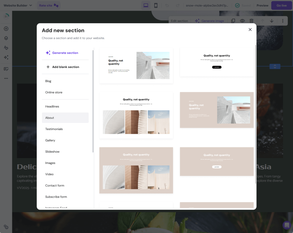 add new section to your website using the website builder