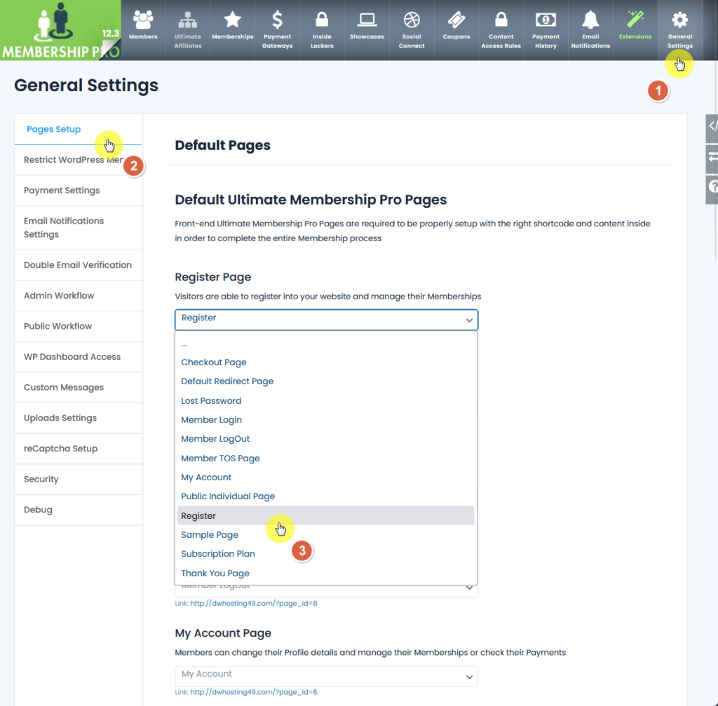 change the register page in the general settings for the ultimate membership pro plugin