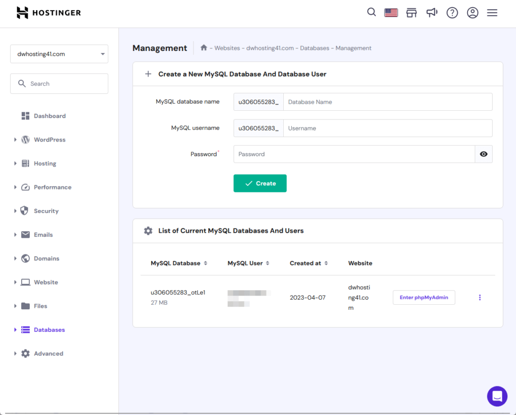 managing databases via the hostinger panel