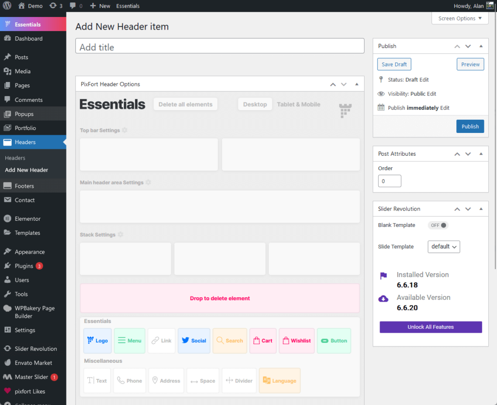 add a new header item using the essentials theme