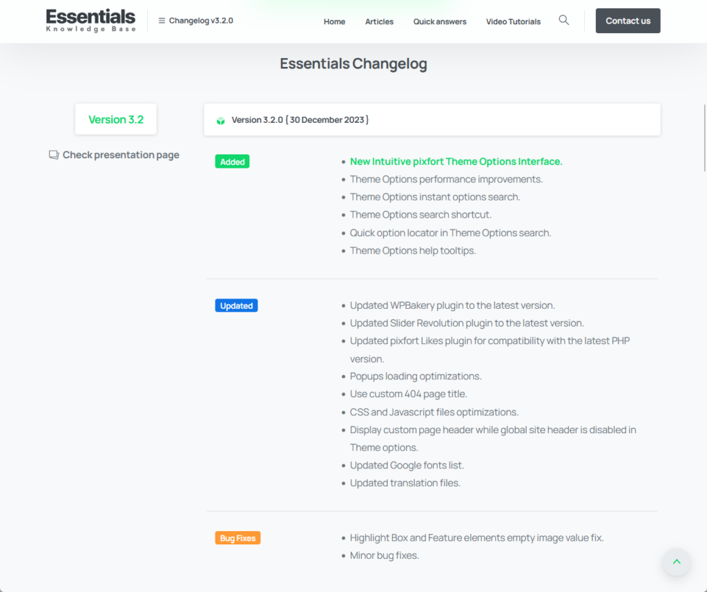changelog for the essentials theme