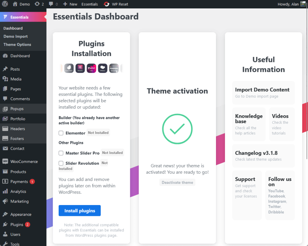 useful information step from the essentials dashboard
