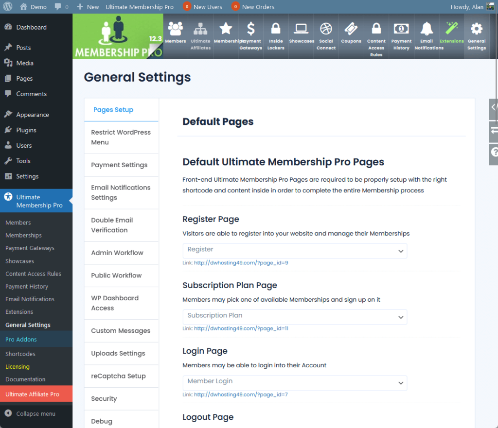 default ultimate membership pro pages in general settings