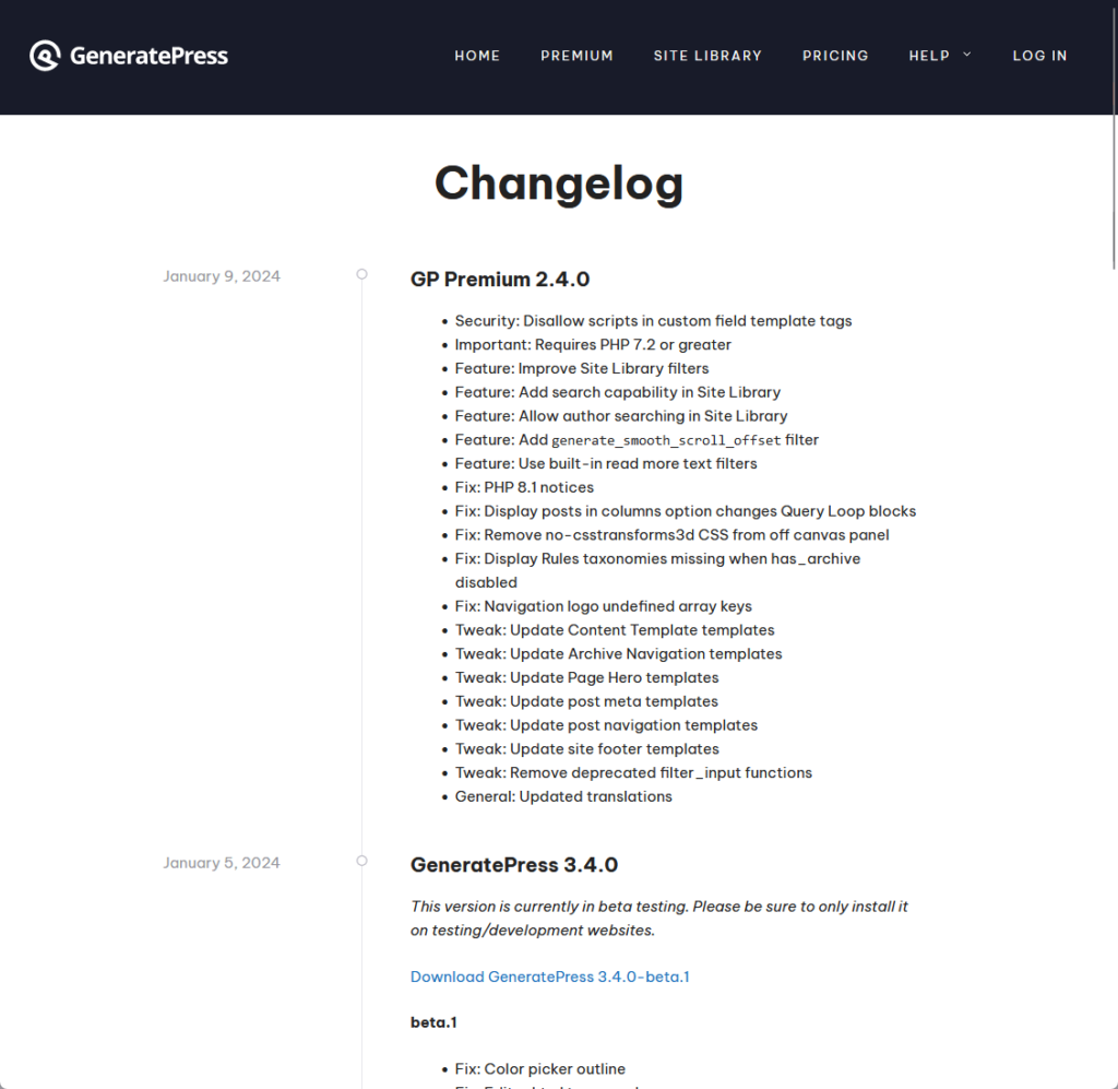 changelog page of generatepress premium