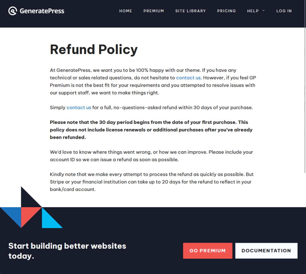 refund policy of the generatepress theme
