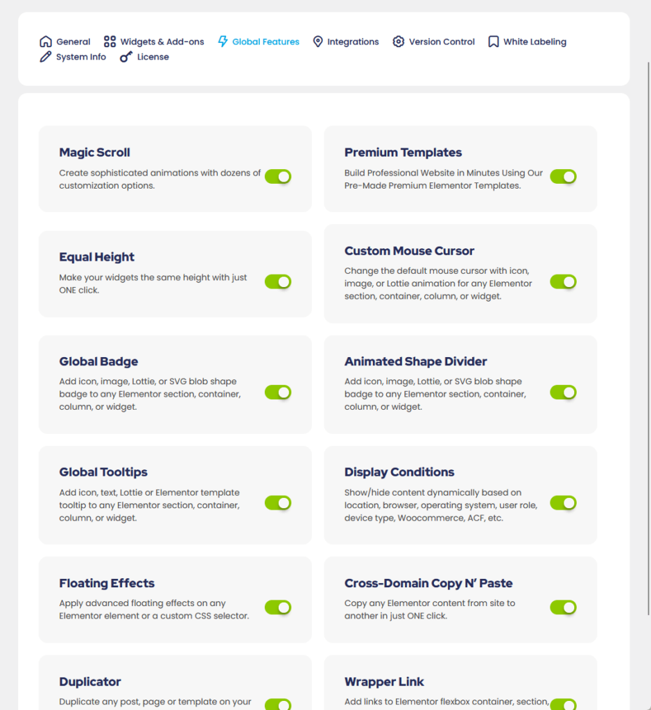 enable or disable global features of premium addons for elementor pro