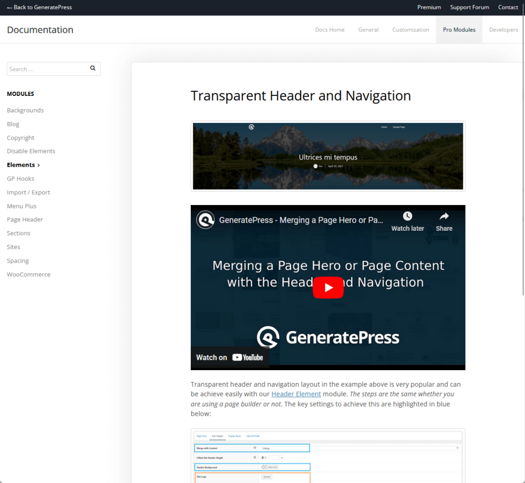 transparent header generatepress documentation
