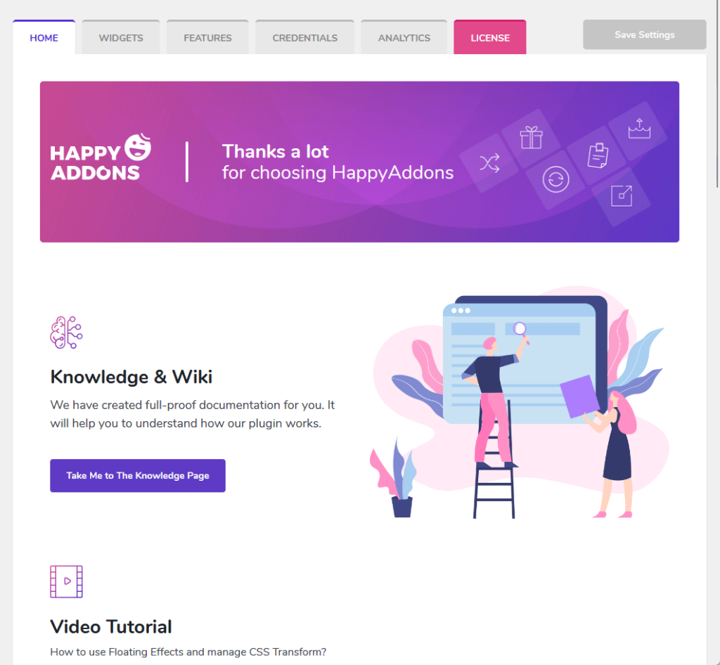 home page of happy addons plugin settings