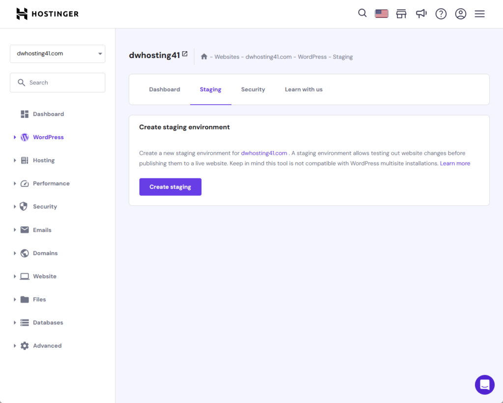 create a new staging environment using hostinger