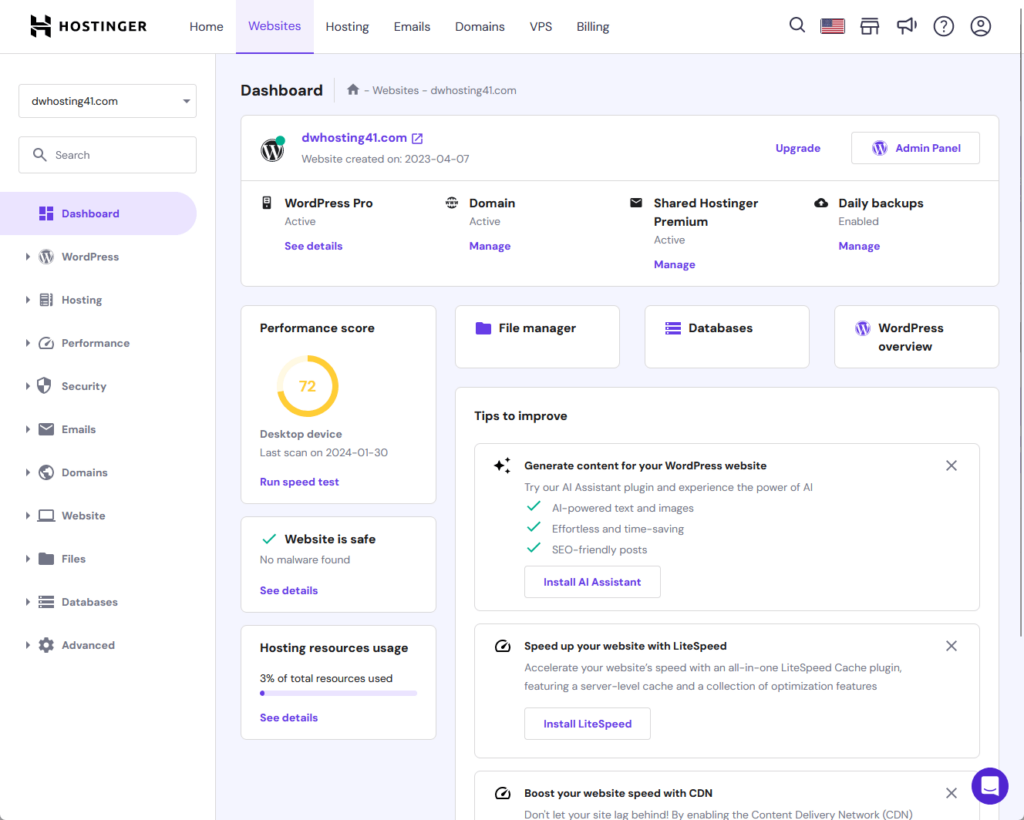 website dashboard inside the hostinger panel