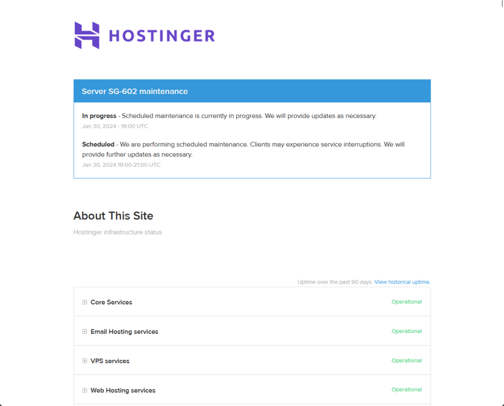 see the status of hostinger server in the status page