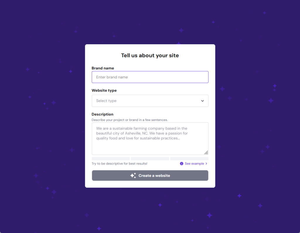 enter the brand name, website type, and description