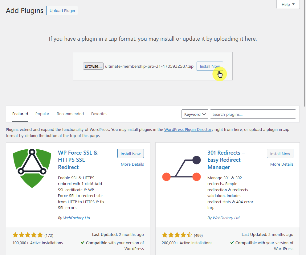 upload and install the ultimate membership plugin