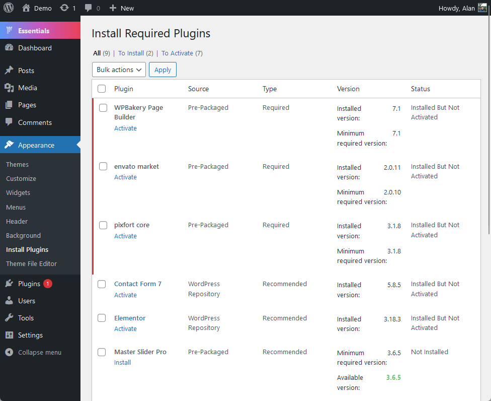 install the required plugins for the essentials theme
