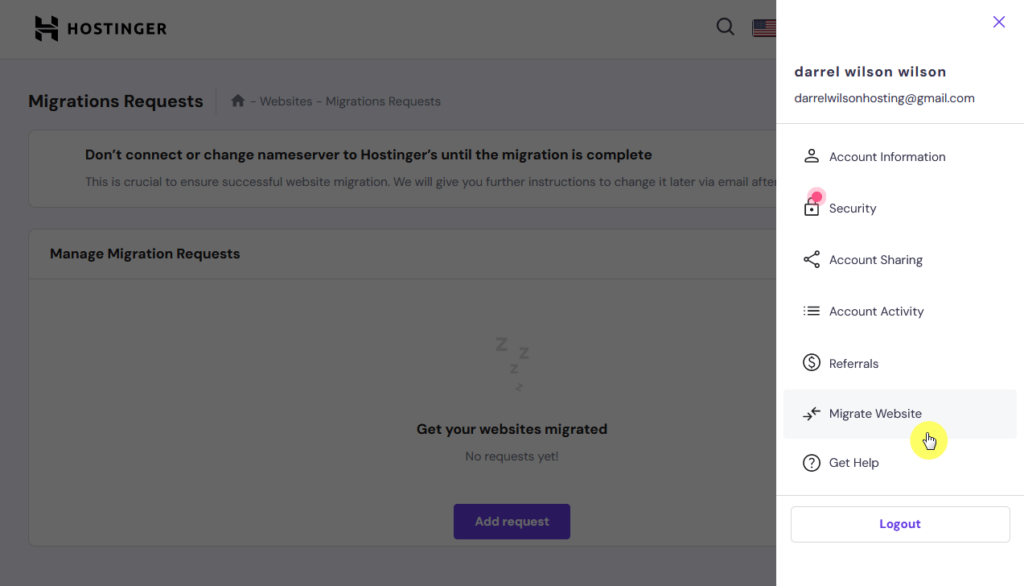 migrate website option in the account dropdown