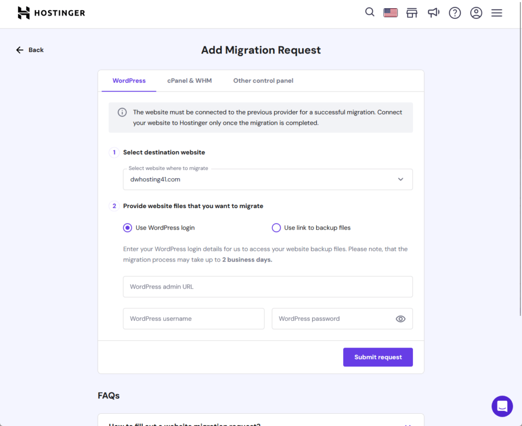 add migration request through wordpress using hostinger