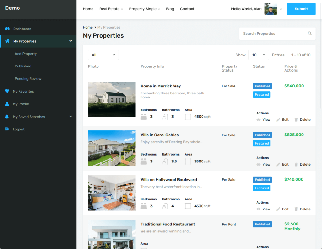 my properties on the front-end for realhomes